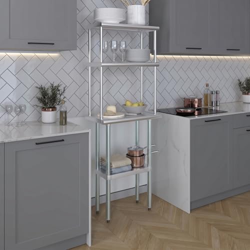 Image of AmGood Stainless Steel Work Table with 12 inch Wide Double Tier Overshelf | NSF (Stainless Steel Table with Double Overshelves, 24 inch Long x 14 inch Deep)