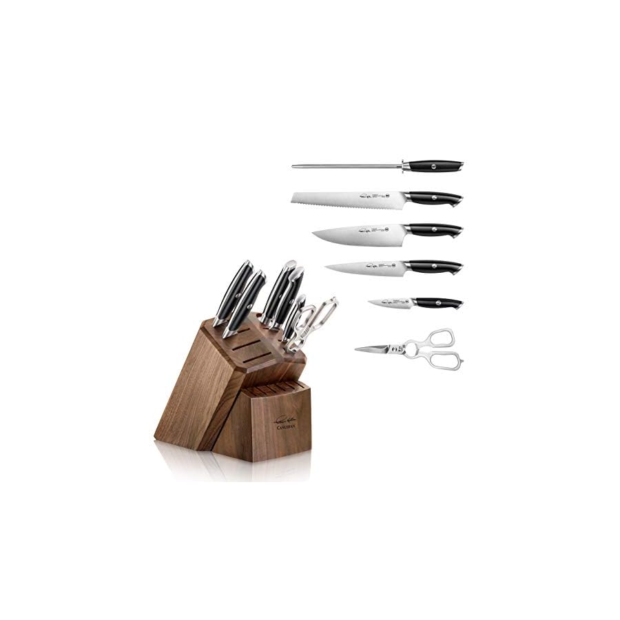 Cangshan Thomas Keller Signature Collection Swedish Powder Steel Forged, 7-Piece Knife Block Set, Walnut Block with 8 Spare Slots, Black