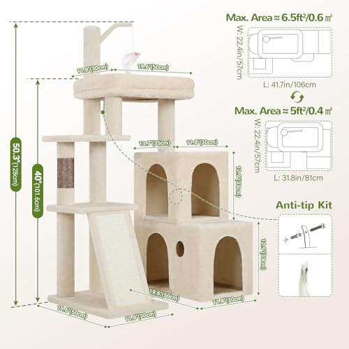 Image of Globlazer F50 Cat Tower for Adult Indoor Cats, 50-inch Heavy Duty Cat Tree for Big Cats, Cat Tree House with Extra-Large Padded Platform, Sisal Scratching Board, 2 Large Condos, Beige