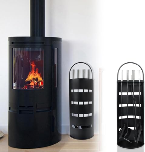 SAILUN Fireplace Tools Set, 5 Piece Heavy Duty Stainless Steel Fire Companion Kit, Including Broom, Shovel, Poker, Tongs and Stand with Privacy Screen, for Fireplace, Chiminea, Black