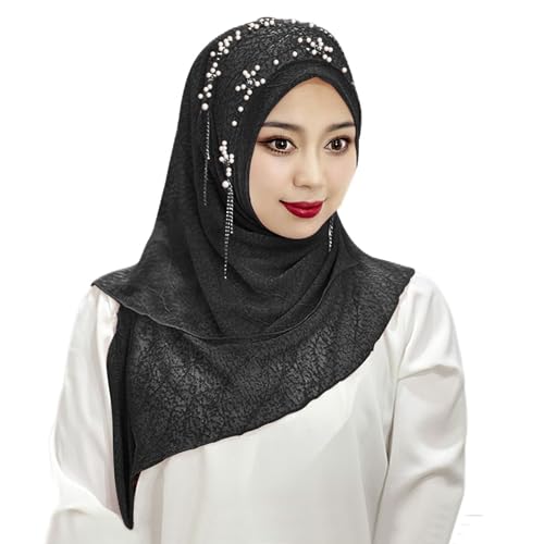 Women Pearl Tassel Hijab Islamic Malay Muslim Hijab Polyester Solid Color Headscarf One-piece Muslim Arab Head Scarf4