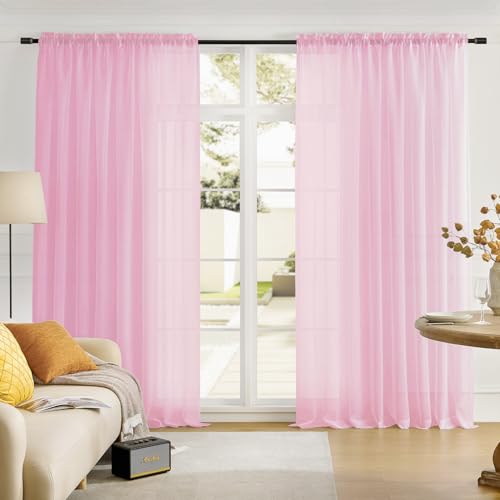 Image of MYSTIC-HOME Sheer Curtains Pink 95 Inches Long, 108 Inch Width Window Treatments Rod Pocket Drapes for Living Room, Bedroom, Semi Extra Wide Sheer Curtains for Patio, Villa, 108 inchx 95 inch, 2 Panels