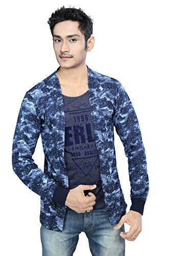 Image of Boy's Cotton White Printed T-Shirt with Blue Jacket Shrug