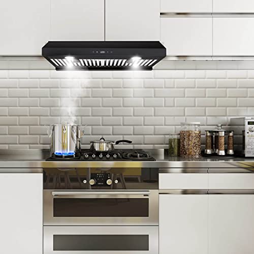 Sndoas Range Hood 30 Inch Under Cabinet,Black Kitchen Range Hood W/ 600 Cfm,Stainless Steel Over Stove Vent Hoods,Ducted Kitchen Hood W/Touch Control Panel,3 Speed Vent Exhaust Fan,Dual Motors #TOP2
