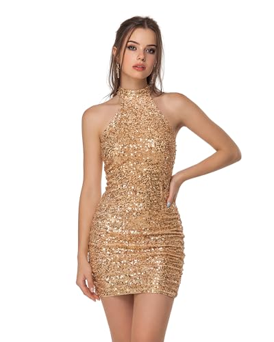 KAELITH Velvet Sequin Halter Mini Dress, Bodycon Fit for Cocktail Events
