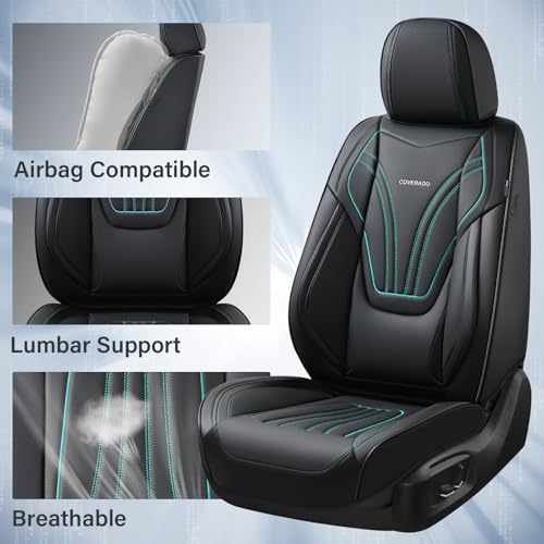Image of Coverado Car Seat Covers Front Seats, 2 Piece Car Seat Protector with Lumbar Support & Removable Headrest, Breathable Leather Seat Cushion Universal Fit for Truck Automotive Vehicles Black & Blue