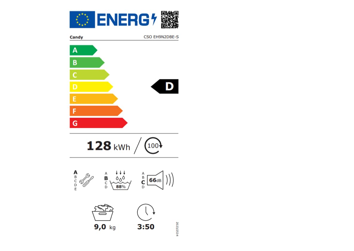 Candy Smart Pro CSO EH9N2DBE-S Asciugatrice 9 kg, Pompa di Calore, Classe D, Wi-Fi e Bluetooth, Libera Installazione, Bianco