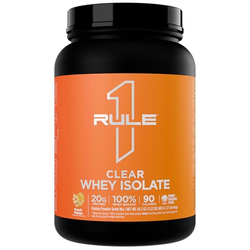 Rule 1 Clear Whey Isolate - 20g All-whey Isolate Protein, Over 9g EAAs, 300mg of Electrolyte Minerals, 90 Calories, Light, Crisp, and Refreshing Taste (27 Servings, Peach Mango)
