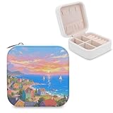 VstaDank Seaside Town - Organizador de joyas para mujer, con cremallera, mini joyero de piel sintética para anillos, collares, pulseras, aretes, organizador de almacenamiento