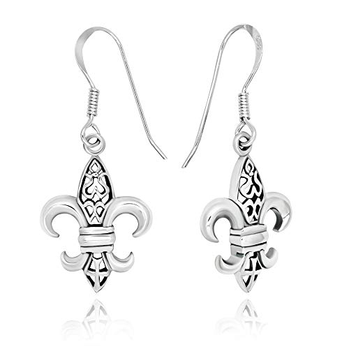 925 Sterling Silver Filigree Fleur de Lis Dangle Earrings