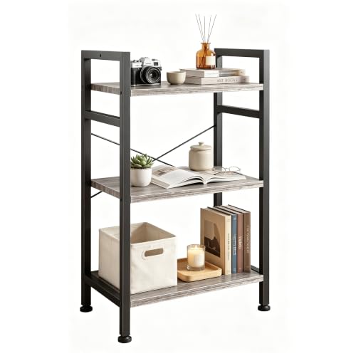 Image of HealSmart 3 Tier Bookshelf, Free Standing Book Shelf Home Office Bookcase Shelf Storage Organizer for Bedroom, Bathroom, Living Room, Office, Balcony, Gray Wood