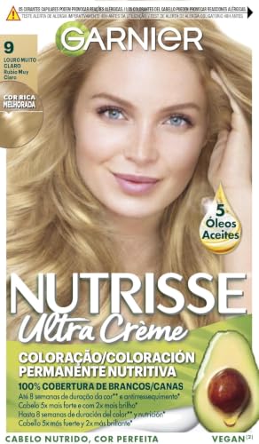 Garnier Nutrisse Creme Coloración Permanente, Tono 9 Rubio muy Claro | Con 4 Aceites Naturales de Aguacate, Oliva, Karité y Arándano, 100% Cobertura de Canas, Hasta 8 Semanas, Nutrisse