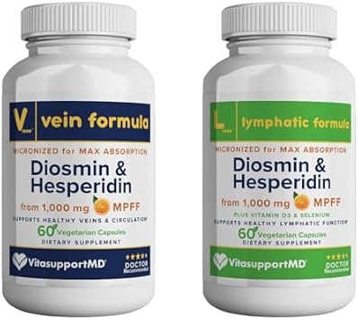 Vein and Lymphatic Drainage Support Bundle with Diosmin Hesperidin 1000mg, Selenium, Vitamin D3, Micronized Purified Flavonoid Fraction, Leg Circulation, Lymphatic Flow, Healthy Legs, 120 Capsules