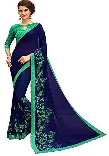 Image of RAJESHWAR FASHION WITH RF Women's Georgette Printed Sarees For Women With Jacquard Work Lace Border & Blouse
