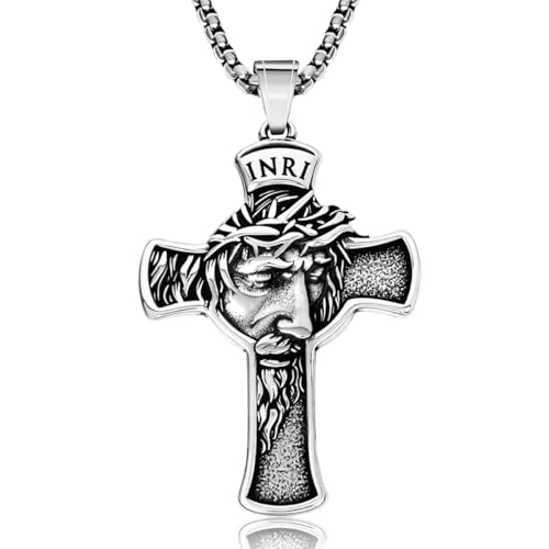 Catholic INRI Crucifix Necklace for Men & Women Stainless Steel Jesus Crown of Thorns Cross Pendant