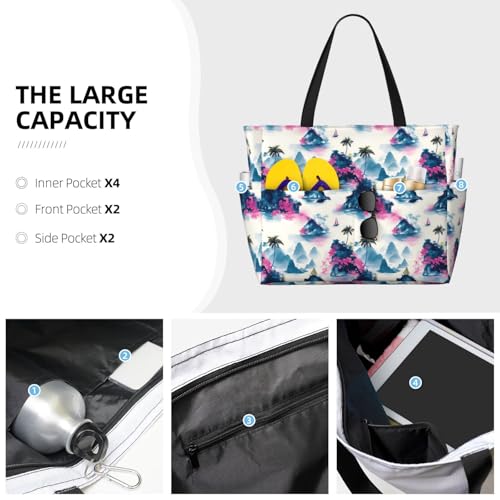 Large Beach Bags for Women Sandproof - Summer Island Print Summer Work Travel Tote Bags with Zipper3