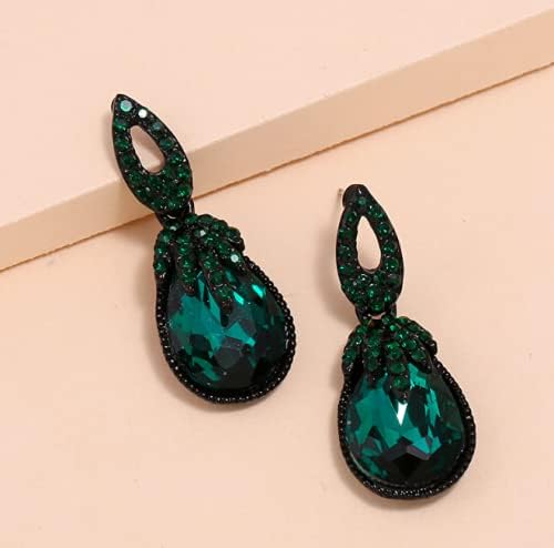 Art Deco Retro Vintage Style Dark Emerald Green Pear Formal Wedding Bridal Prom Rhinestone Earrings - Image 2