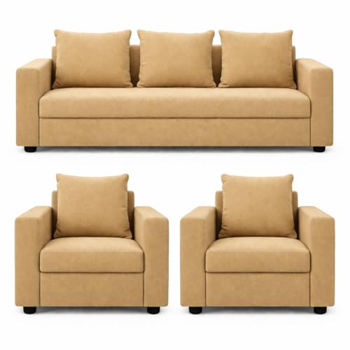 Image of Wood 3+1+1 Sofa Set 5 Seater | Velvet Fabric Upholstery | Wooden Frame Sofa Set with 3 Seater & 2 Single Chairs for Living Room, Home & Office (Golden)
