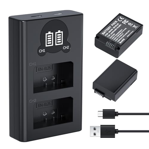LP EN-EL25 Battery Charger Pack, 1800mAh 2-Pack EN-EL25A Batteries for Nikon Z50, Z30, Z50 II, ZFC Camera, USB Dual MH-32 Charger