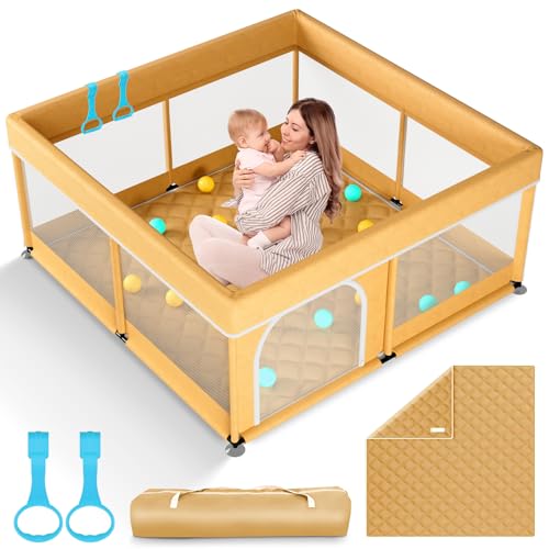 Image of Omzer Baby Playpen with Mat 50x50inch: Large Playpen for Babies and Toddlers Indoor Safety Play Pen with Soft Breathable Mesh - All-Wrapped Sponge Sturdy Play Yard with Stable Mat Magic Sticker Beige