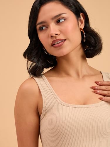 Image of barcino Beige Ribbed Square Neck Tank Top