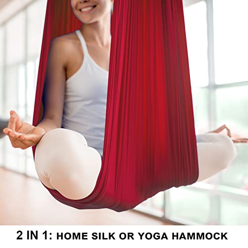 Aerial Yoga Silks 9 Yards Hammock Kit (Low-Medium Stretch) For Aerial Dance, Flying Yoga, Yoga Starter Kit With Hardware Set - Swing For All Levels, Suit For 8-13 Ft Ceiling Height (Dark Red) #TOP4