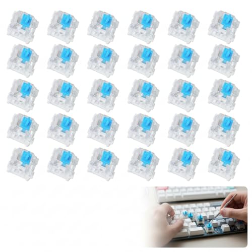 30 Pieces Blue Switch Replacement, 3 Pin Pre-Lubricated Clicky Key Switches, Dustproof and Waterproof Keyboard Accessories for Mechanical Gaming Keyboards Gaming Keyboard/DIY Kit