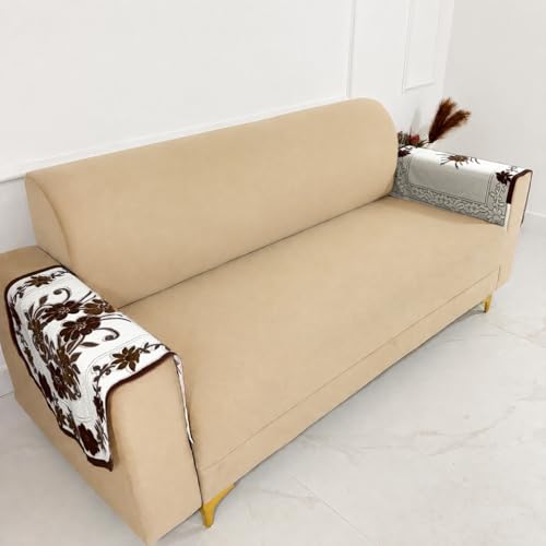 Image of Homerz Premium 'Surya Series' Sofa Cover | Stylish Sofa Protector | Net Fabric | Anti-Stain & Washable Slip Cover Exact Size Antislip (Daisy Brown, 2 Pc Armrest, Armrest)
