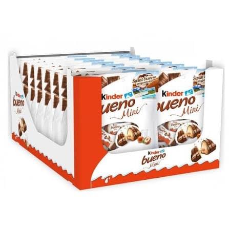 Caja de 16 bolsas de KINDER Bueno Mini de 108 gramos cada una.