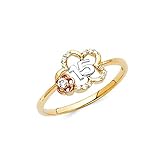 Wellingsale Ladies Solid 14k Yellow Gold Polished CZ Cubic Zirconia 15 Anos Quinceanera Double Open Flower Design Right Hand Fashion Ring - Size 6