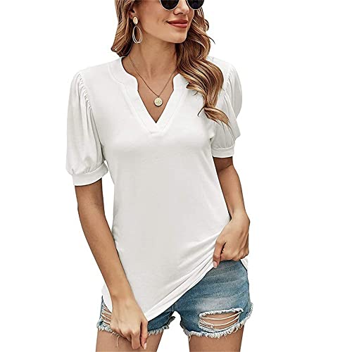 Tunique Tops Femmes Couleur Unie Slim Fit Col V Manches Courtes Manches Bouffantes Personnalité Casual Slim Fit Dames D'Été Chemise Usage Quotidien Low Cut Tops Femmes D-White M Cover