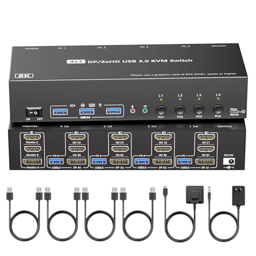 Image of KVM Switch 3 Monitors 4 Computers with Audio, HDMI + DisplayPort 8K@30Hz /4k@144Hz DP KVM Switcher, USB 3.0 KVM Switches for 4 PC Share 3 Display, Suitable for Office /Work from Home, Programmer Setup