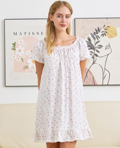 Image of Nanxson Women's Cotton Nightgown Short Sleeve Sleepwear Vintage Nightshirt | Summer Victorian Sleepdress,White Sleepshirt,U Neck Lace Loungewear,Soft Nightshirt,Loose Loungedress,Bride Nightwear