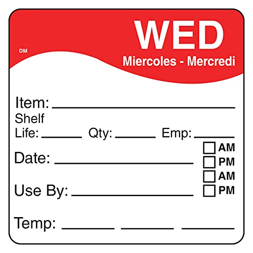 DayMark DissolveMark Day of The Week Trilingual Dissolvable Label, WED, Item/Shelf Life/Date/Use by, 2-1/2