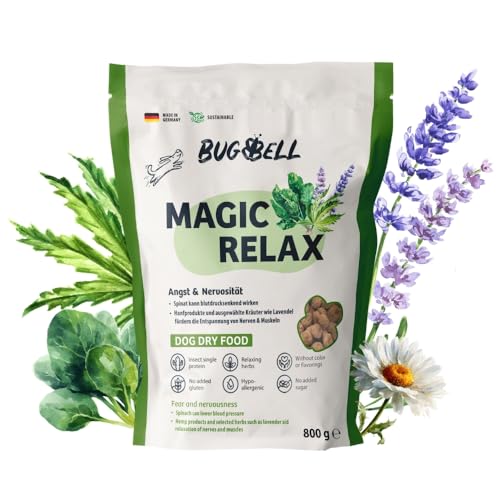 BugBell 800g Hundefutter trocken getreidefrei, Spinat & Hanf & Hanf & Heilkräuter zur Entspannung, verträgliche Insektenproteine, 100% bedarfsdeckend, hypoallergenes & purinarmes Trockenfutter