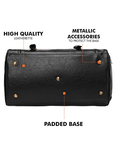 Image of Fur Jaden Weekender Premium Duffle Bag with Shoe Pocket for Travel for Men and Women Made of Faux Leather with Attachable Shoulder Strap Cabin Holiday Bag (Black)