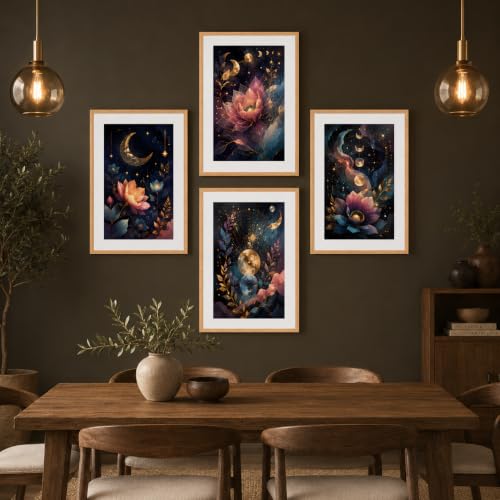 Image of Livin'luxe Set of 4 Celestial Moon Lotus Floral Wall Paintings with Sparkle Laminate and Premium Wooden Synthetic Frame for Living Room Bedroom Office Decor (13.5 x 19.5 Inch)