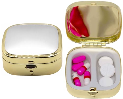 Set of 2 Dual-Compartment Square-Shaped Pocket Purse Pill Box & Organizer (Brushed Silver/Gold)