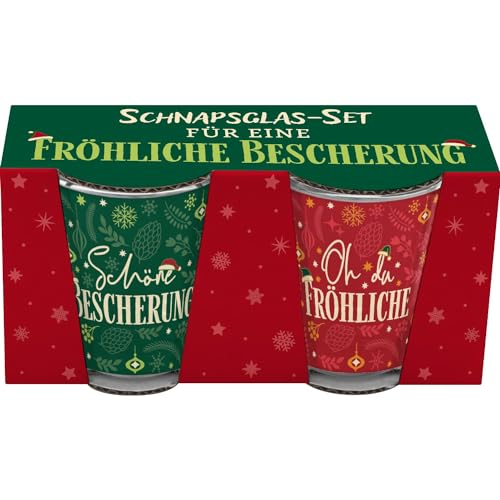 GRUSS & CO Schnapsglas-Set Motiv 'Fröhliche Bescherung' | Geschenkset bestehend aus 2 Schnapsgläsern, je Glas 6 cl, mit farbigem Druck | lustiges Geschenk, Männergeschenk | 51153