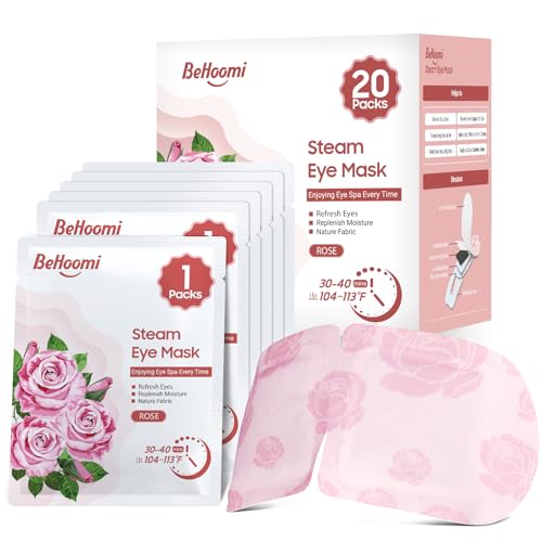 BeHoomi 20 Packs Steam Eye Mask, Heated Eye Mask Warm Compress for Eyes, Disposable Self Heating Steam Mask Sleep, Spa, Travel Essentials & Relaxation Gifts for Women, Stocking Stuffers (Rose)