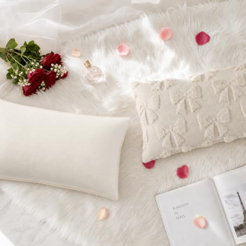 Image of decorUhome Beige Bow Pillow Covers Set of 2 Coquette Aesthetic Cute Preppy Plush Faux Pillowcases for Girly Bedroom or Couch 12x20 Inch