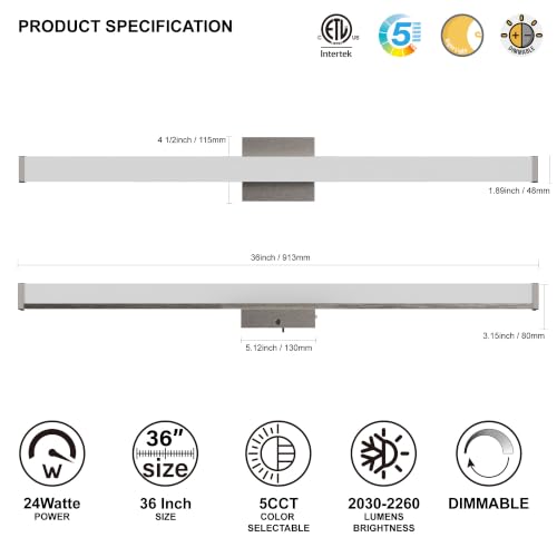 Image of 36 Inch Bathroom Vanity Light Fixtures with Night Light: Long Square Wall Mounted LED Lighting Bar Over Mirror with 5CCT & 2200K Color Changing, 120V, 2030-2260lm, ETL, Brushed Nickel, 1 Pack