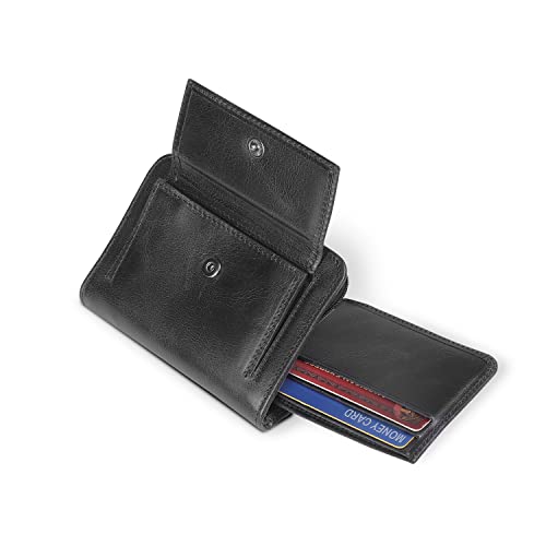 RFID Blocking Men’s Zippered Bifold Wallet - Italian Cowhide Leather - Slim Travel Comfort - Credit Card Holder w/Transparent ID Slot - Snap Back Coin Holder