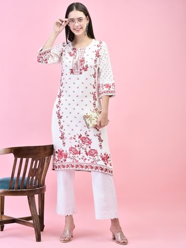 Image of Shree Women Liva (Rayon) White Floral Print Kurta