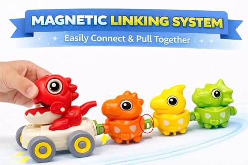 Image of Cable World Magnetic Dinosaur Train Toy for Kids 3+ | Pull Back Press & Go Dino Car with 3 Baby Dinosaurs | Magnetic Linking with Whistle Sound | Educational Toddler Toy Gift for Kids (Multi Color)