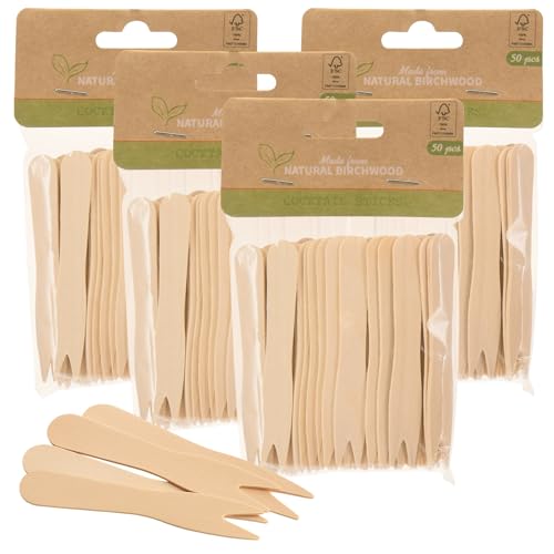 MIJOMA 200 palillos de madera de abedul para cócteles, tenedores de patatas fritas con certificación FSC, tenedores de madera desechables para fiestas, buffet, picnic y camping, 4 x 50 unidades