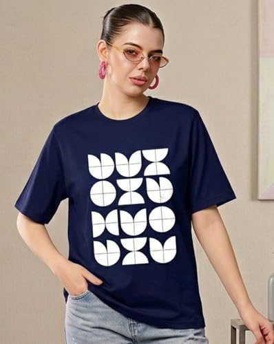 Image of Women's Typography Round Neck Cotton-Blend T-Shirts, Oversized Drop Shoulder Boho Style T-Shirt