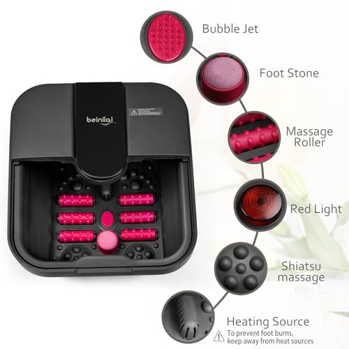 Beinilai Collapsible Foot Spa,Pedicure Foot Massager Spa with Heat&Massage&Bubble Jets,Foot Soak Tub with 6 Foot Rollers,Acupressure Massage Points,Red Light&Removable Pumice Stone(Dark Grey)