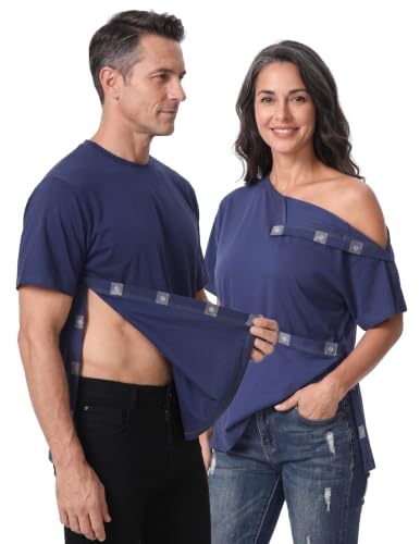 Post Shoulder Surgery Recovery Shirt with Magnetic Buttons for Women Crew Neck Tear Away Shirts for Shoulder Surgery for Men
