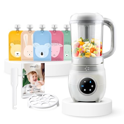 Cherub Baby Automatic Food Maker & Reusable Pouch Bundle | 4-in-1 Steamer, Blender, Warmer & Steriliser | 5-Pack 150ml Animal Print Yogurt Pouches